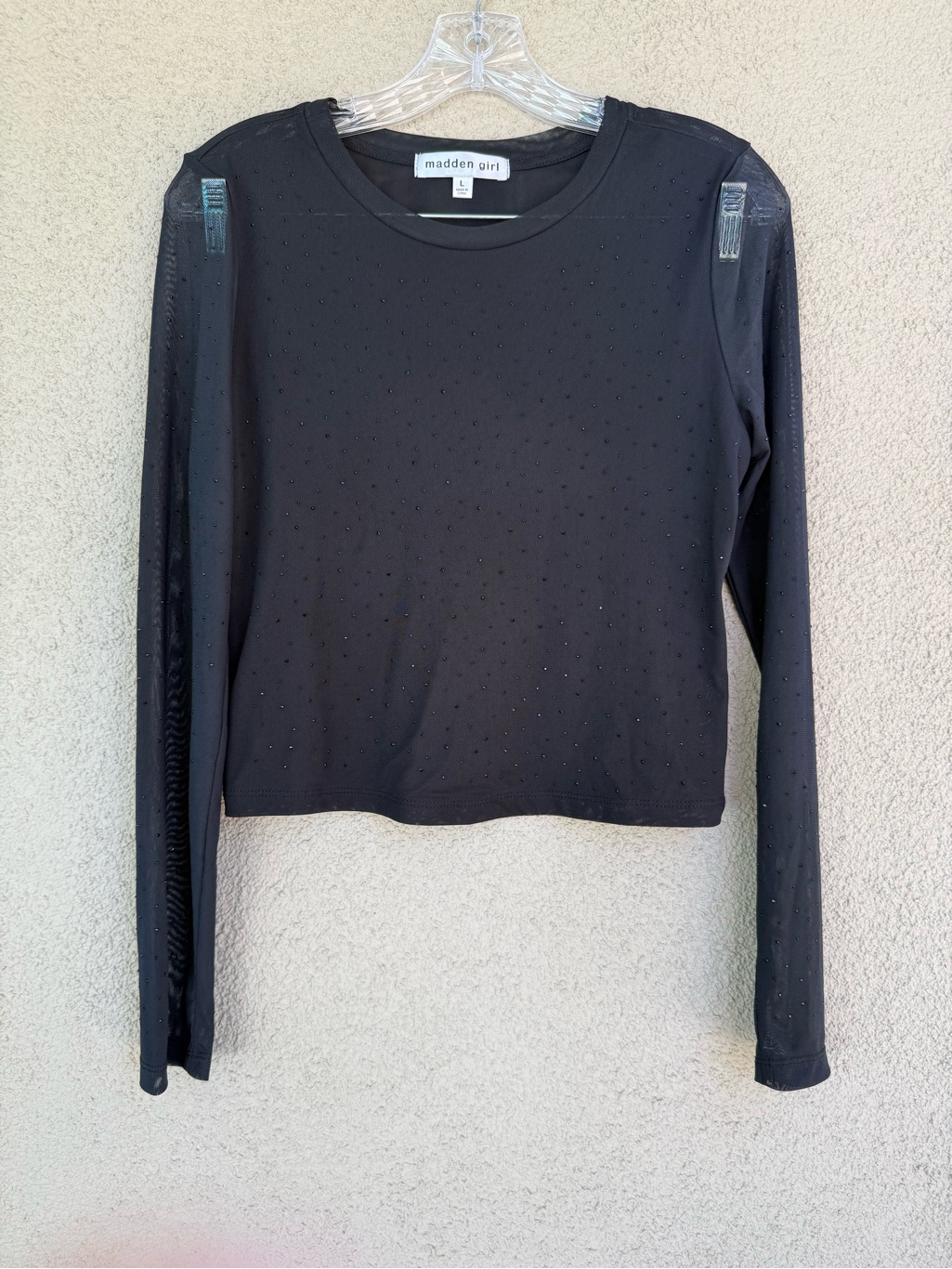 Madden Girl Black Long Sleeve Mesh-Sleeve Rhinestone Juniors Top